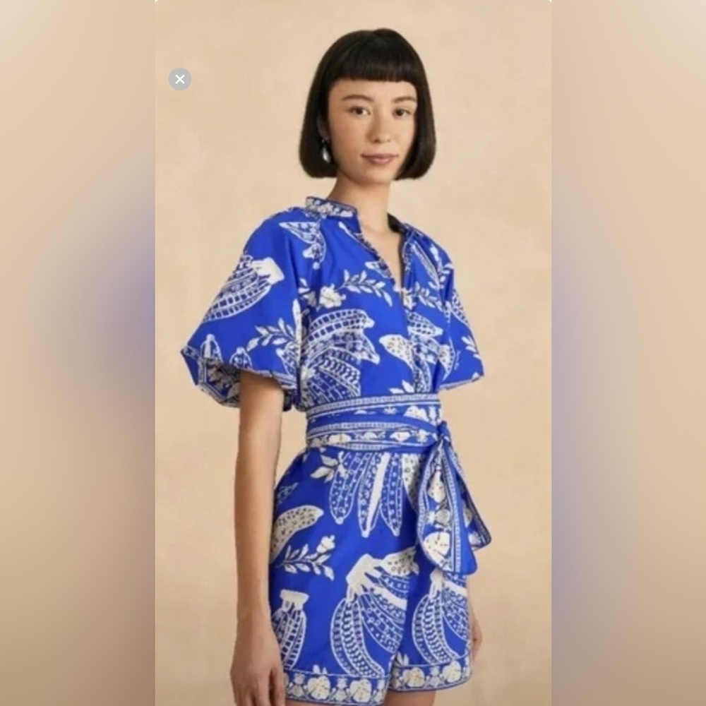 FARM Rio Blue & White Printed Short Jumpsuit